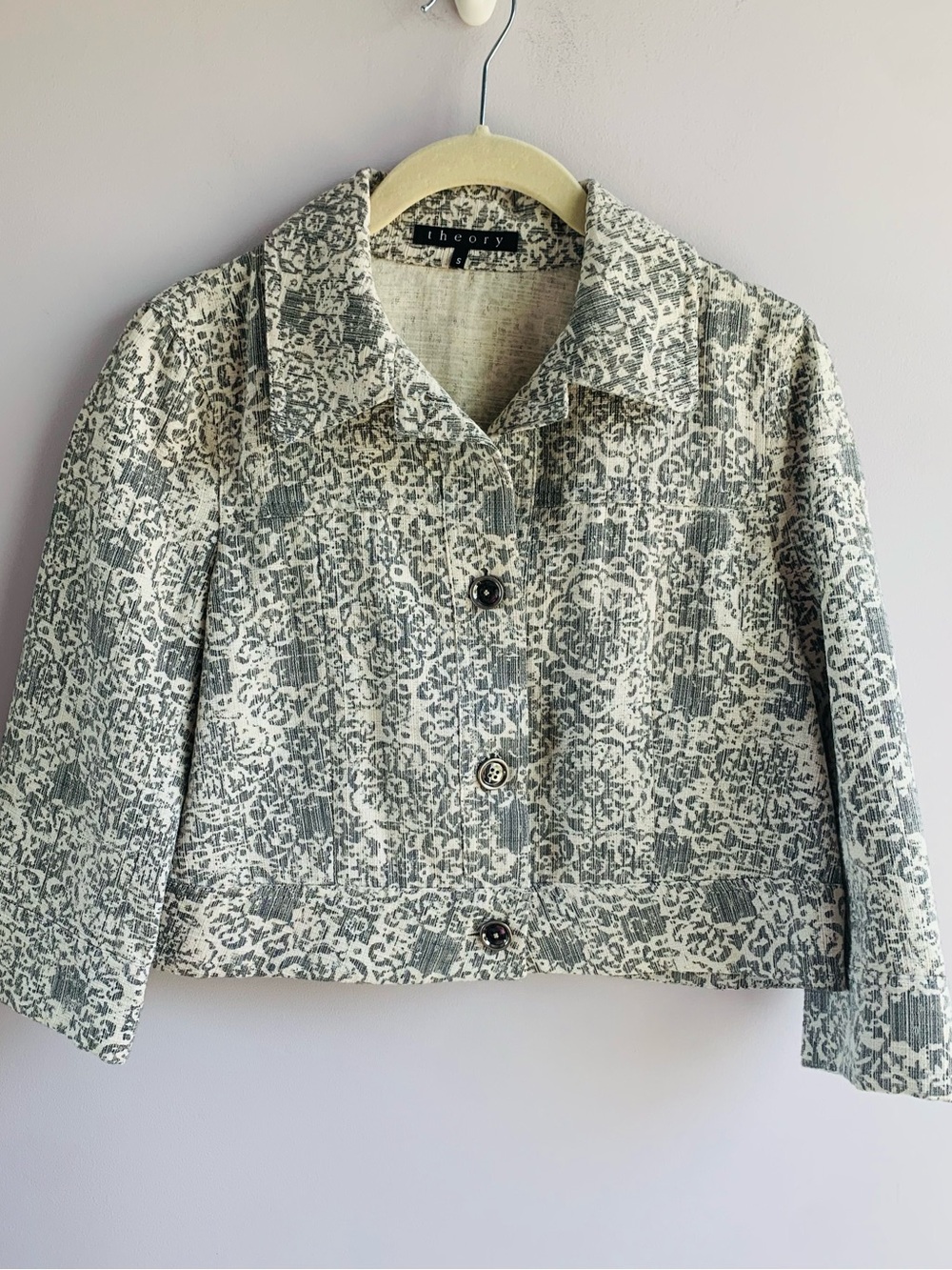 Theory Jacket Sage Grey Cream Twill Button Front Cropped Paisley Boho EUC Small